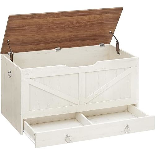 HOOBRO Storage Chest, 39.3" Toy Chest with Drawer, Wooden Storage Bench, Sturdy Entryway Bench Supports 220 lb, Safety Hinge, U-Shaped Opening, Easy Assembly, Cloud White and Walnut IH710CW01G2