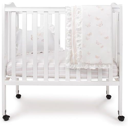 Ely's & Co. Mini Crib Bedding Set for Girls, 4 Piece Set - 1 Fitted Mini Crib Sheet, Quilted Comforter and Decorative Pillow with Insert, Pink Butterfly+Stripe Collection