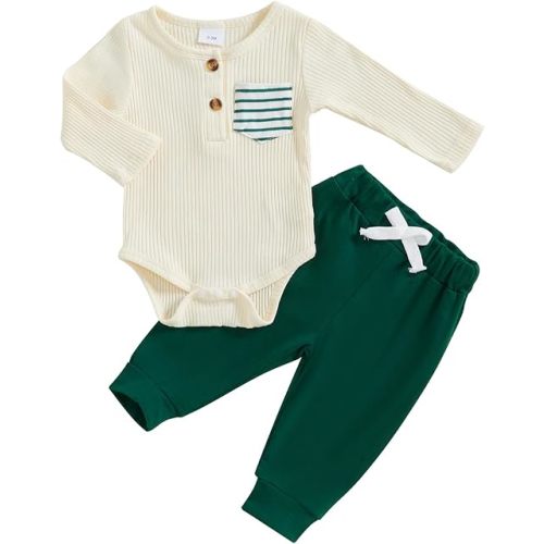 fhutpw Baby Boy Clothes 3 6 12 18 Months Ribbed Knitted Long Sleeve Romper and Pants Sets Newborn Fall Splicing Color Outfits