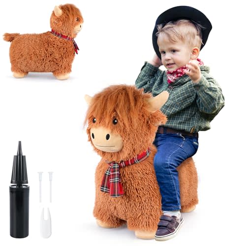 SuzziPals Bouncy Highland Cow Hopper Toys, Inflatable Cow Ride on Bouncer, Indoor Outdoor Highland Cow Plush Bouncy Horse for Toddlers & Kids, Bouncing Animals Toddler Toys, Toddler Gifts