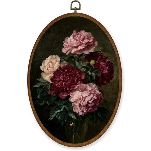 WULQYING Vintage Peony Floral Wall Art Decor, Dark Cottagecore Floral Oval Framed Canvas Art Prints, Moody Botanical Flower Wall Hanging Decor for Home Bedroom Living Room, 8.6x11.4 Inches