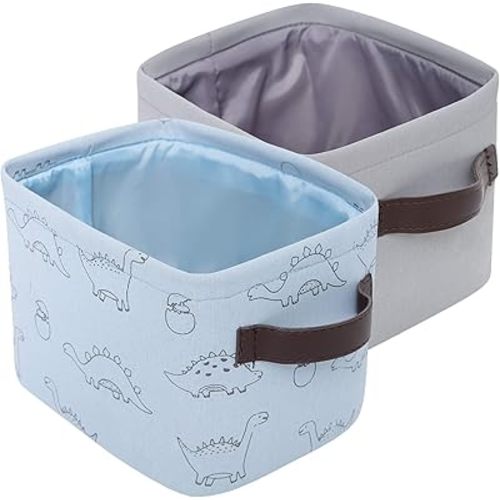 Fabric Storage Bins Cute for Nursery 8"x5.2"x10" - Collapsible Blue Dinosaur & Grey Kids Baskets with Handles 2 Pack, Hamper Fabric Bin, Toy Toddler Basket, Diaper Storage Bins, Baby Room Decor