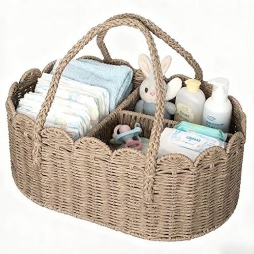 Diaper Caddy Organizer, Paper Rope Storage Baskets Nursery Bin with Removable Divider, Portable Car Organizer for Diapers, Baby Shower Gifts, Newborn Essentials Must Haves (Beige)