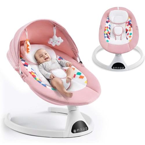 Soobaby Baby Swing for Infants,Electric Bouncer for Babies,Portable Swing for Baby Boy Girl,Indoor Baby Rocker with 5 Sway Speeds,Music and Bluetooth,Light Pink