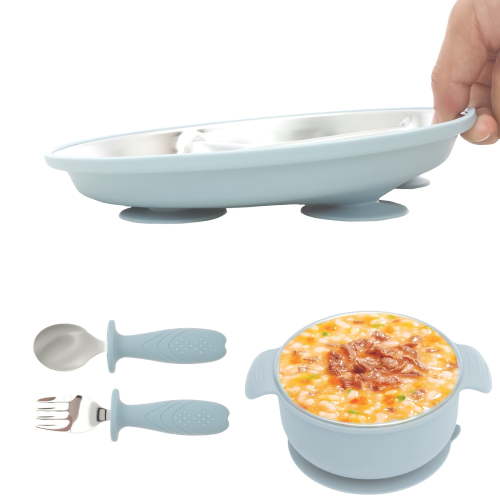 4 Pcs Baby Feeding Set Includes Plate Bowl Fork and Spoon Dishwasher Safe Baby Weaning Set to Develop Self Feeding Skills