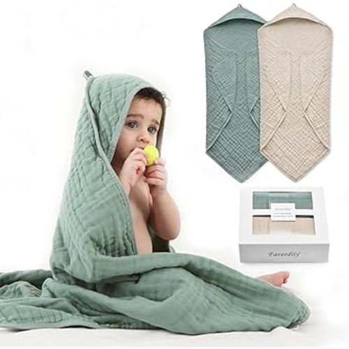 Hooded Baby Towels for Newborn, 35x35 Inch 2 Pack 100% Muslin Cotton Baby Bath Towel, Soft Baby Beach Towels with Hood for Infants, Toddlers and Kids, Essentials Must Haves