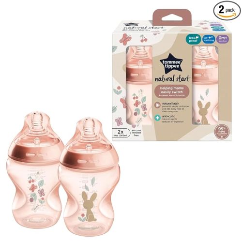 Tommee Tippee Natural Start Baby Bottles, Anti-Colic, 0m+, 9oz | Pack of 2, Slow Flow Breast-Like Nipple, Self-Sterilizing, Seamless Bottle-to-Breast Transition, Pink, BPA Free