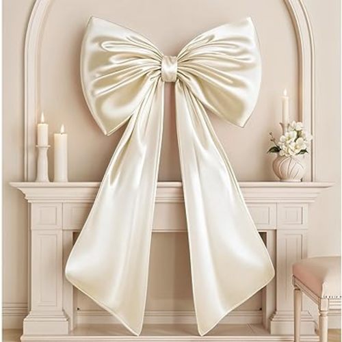 Giant Bow Decoration Big Cream White Large Coquette Bow for Backdrop Birthday Party Room Wall Wedding Bride Decor, Ribbon Tie Hanging Gift Coquette Wall Decor (Satin, Internal Stability Layer)