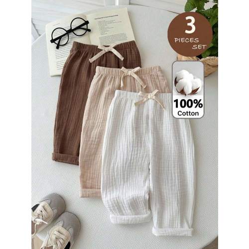 LMoss Kids LMoss 3pcs Baby Boy Casual Pants,Elastic Waistband Adjustable,Bow Decor,Casual And Stylish,Suitable For Wearing In Spring,Summer,Autumn Winter. | SHEIN