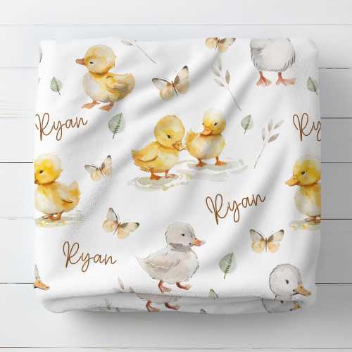 Personalized Duck Throw Blanket, Watercolor Yellow Duckling & Butterfly, Kids Room Decor