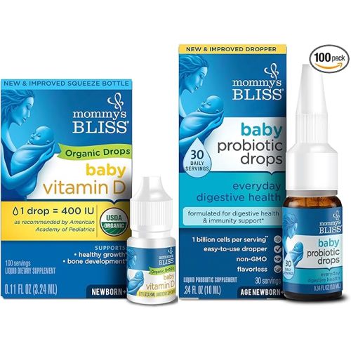 Mommy's Bliss Organic Baby Vitamin D Drops 100 Servings (Pack of 1) with Baby Probiotic Drops Everyday 30 Servings (Pack of 1)