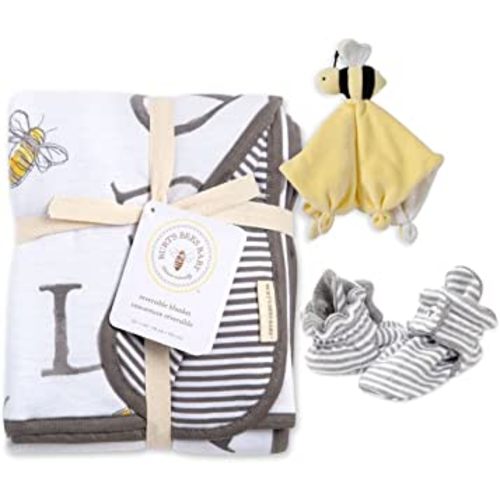 Burt's Bees Baby Unisex Baby Gift Set - Reversible Jersey Blanket, Adjustable Infant Booties & Plush Toy, 100% Organic Cotton Essentials Bundle