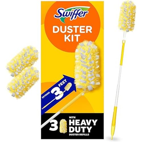 Swiffer Duster Kit with 3 ft Extendable Handle, Heavy Duty Dusting Starter Kit with 3 Refills, for Ceiling Fans, Vents and Hard to Reach Places