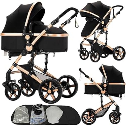 2 in 1 Baby Stroller, Convertible Pram, Reversible Standard Baby Stroller, Portable Baby Buggy, Infant Carriage, Foldable High Landscape Pushchair for Toddler Newborn (2US588-BG)