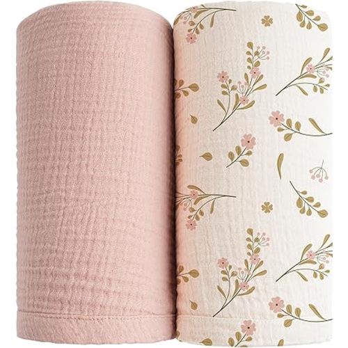 Konssy Muslin Swaddle Blankets for Boys Girls, 2 Pack Receiving Baby Blanket Large 47 x 47 inches, Soft Breathable Swaddling Wrap for Unisex Newborn (Pink, Floral)