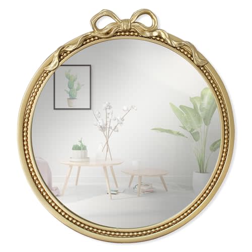 15.75" Small Gold Bow Decorative Round Mirror,Metal Frame Hanging Circle Mirror, Wall Mounted for Entryway, Bathroom, Interior/Room Decoration, Living Room