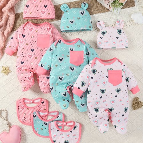 9-Pack Baby Girl's Long Sleeve Footed Jumpsuit With Love Hearts Design, Includes Bunny Hats And Bibs, Stylish Comfy Outdoor Wear For Infant Girls