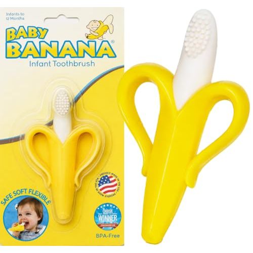 Baby Banana® Yellow Toothbrush-Teether, Infant to Toddler, Made in USA, Butter-Soft Silicone, No Micro-Plastics, Bendable, Family-Owned Buisness Since 2009, 11 Million+ Sold