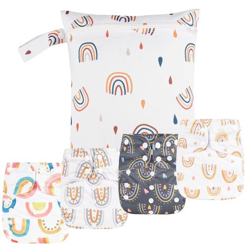 HappyFlute 9 Sets Newborn Baby Cloth Pocket Diapers Adjustable Reusable for Baby Boys and Girls(6-33 pounds,0-3 Years),One Wet Bag+4Diapers and 4Inserts (AD06)