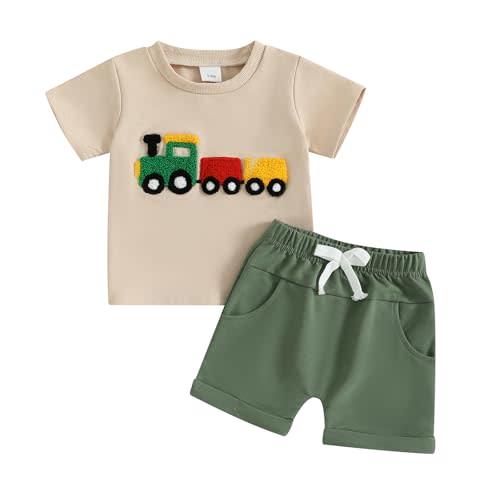 fhutpw Toddler Baby Boy Summer Clothes Embroidery T-Shirt Casual Shorts Sets Infant Truck Excavator Dinosaur Pattern Outfits