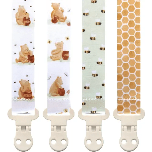 Stadela Baby Pacifier Clip Holder - Boy and Girl Unisex 4 Pack Gift Set – Vintage Classic Neutral Honey Winnie Bear and Bees Beige Yellow and Green