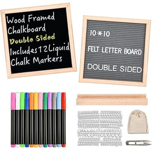 10" x 10" Double Sided Chalkboard Sign with Stand, Small Chalk Board Blackboard Wood Frame Felt Letter Board with 12 Chalk Markers and 340 Letters (Natural Wood)