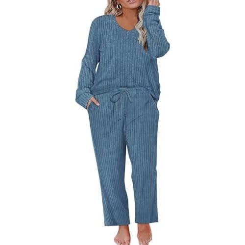 RITERA Womens Plus Size 2 Piece Outfits Lounge Sets Knit Sweatsuit Long Sleeve Pullover Tops Wide Leg Pant Pajama Sets XL-5XL