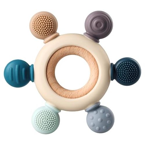 Baby Teething Toys, Silicone Chewable Toys with Organic Wooden Ring for Infants 3+ Months, Silicone Teething Toys for Soothing Sore Gums, Sucking Needs (6 Directions, Khaki)