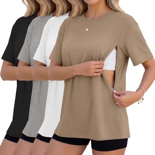 4 Pack Nursing Breastfeeding Shirts | Oversized Hidden Zippers Tops, Maternity Short Sleeve Tees, Easy Breastfeeding, Daily Wear Outfits, for Postpartum Women