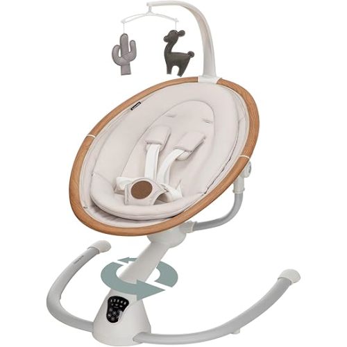 Maxi-Cosi Cassia Baby Swing, infant swing, automatic motion sensor, music, toys, recline, portable, 360 degree rotation, lightweight & foldable, Horizon Sand