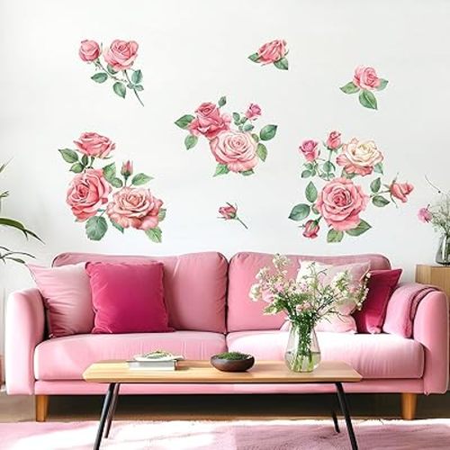 Rose Flowers Wall Decals, Pink Floral Leaves Wall Stickers, Peel and Stick Wall Decor for Bedroom Living Room Sofa TV Background