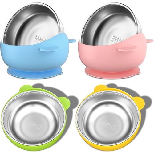 Bakpoco Stainless Steel Baby Bowls with Suction, 2-in-1 SUS304 Toddlers Bowl & Removable Silicone Suction Kids Bowl, Non Toxic Snack Container for Baby Food Feeding, Soft Blue/Sage/Pink/Gray Set of 4