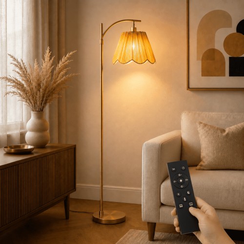 67" Arc Floor Lamp for Living Room,Rattan Boho Floor Lamp with Remote Control,3 Color Temperature Dimmable Standing Lamp Tall Pole Lamps for Bedroom,Gold,Bulb Included