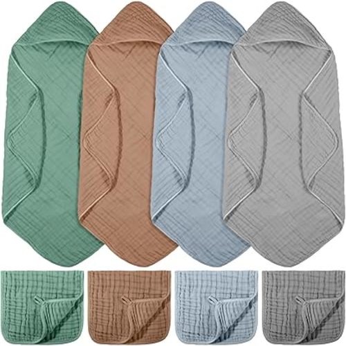 VitalCozy 8 Pcs Baby Muslin Hooded Bath Towels and Washcloths, 32 x 32 Inch Muslin Hooded Baby Towels Absorbent Blankets for Gift Newborn Infant Shower (Modern Style)