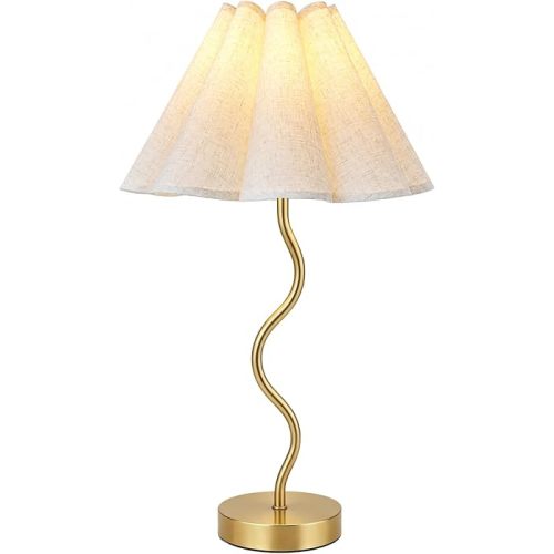 Gold Pleated Table Lamp, Modern Bedside Lamp with Wavy Scalloped Shade
