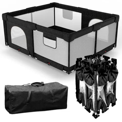 Foldable Baby Playpen with Gate, Extra Large Collapsible Play Yard for Babies & Toddlers, Portable Travel Playpen, Baby Activity Center for Indoor & Outdoor Use (Black 51"×51")