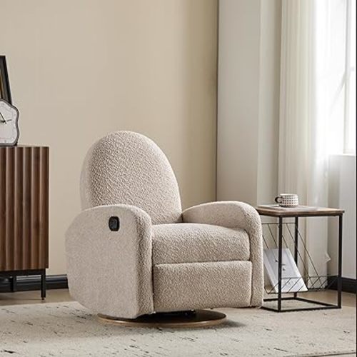 Merax Boucle 360 Swivel & Glider Recliner Chair, Soft Bedroom Sofa Chair with with Thicker Seat Cushion, Modern Home Theater Seating for Living Room Almond