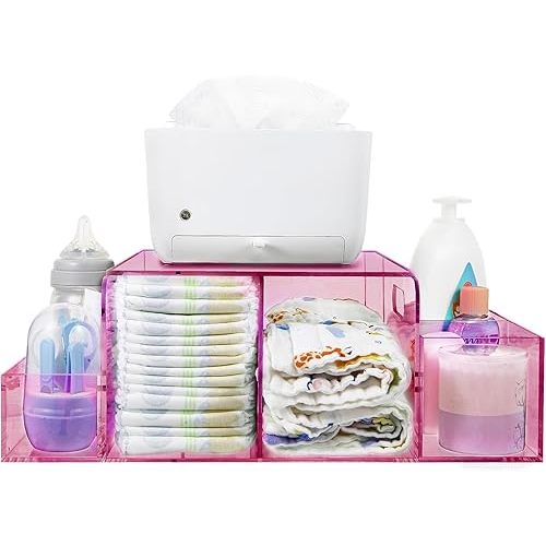 Acrylic Diaper Caddy, Baby Wipes Organizer for Changing Table, Dresser Top Tabletop Organizer with 4 Detachable Compartments, Anti-slip Rubber Feet, Newborn Baby Essentials, Red