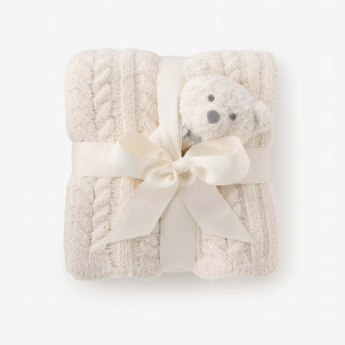Cream Cable Feather Knit Baby Blanket + Rattle Gift Set WHITE / 30X40
