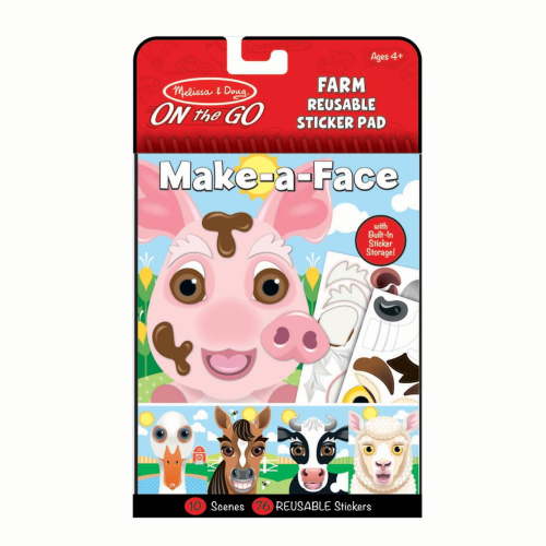 Melissa & Doug On the Go Make-a-Face Reusable Sticker Pad Travel Toy Activity Book – Farm Animals (10 Scenes, 76 Cling Stickers) - FSC Certified
