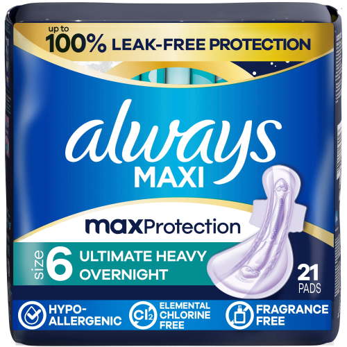 Always Maxi Overnight Pads with Wings for Women, Size 6, Ultimate Heavy Overnight Absorbency, Unscented, 21 Count - Walmart.ca