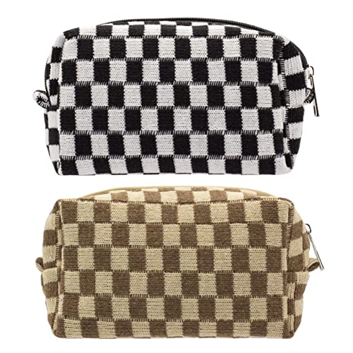 Checkered Makeup Bag for Purse, Small Cosmetic Pouch,Black Coffee,2 Pack | Cute Zipper Makeup Organizer for Women, Travel Essentials, Toiletries, Makeup Brushes, Beauty Accessories&Bridesmaid Gifts