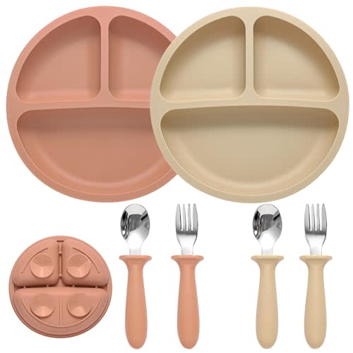 Eascrozn Silicone Baby Feeding Set, 2 Pack Divided Suction Plates for Baby, 2 Pack Spoons and Forks Set Baby Eating Essentials, Feeding Supplies for Toddler Utensils, BPA Free