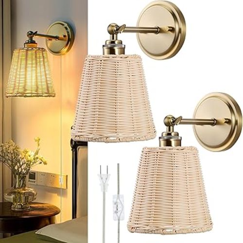 Rattan Wall Sconce Plug in, Hand-Woven Wicker Lampshade Wall Sconces Set of Two, Indoor Wall Lamp, Boho Sconces Set for Bedroom Living Room Corridor Plug-in or Hardwired