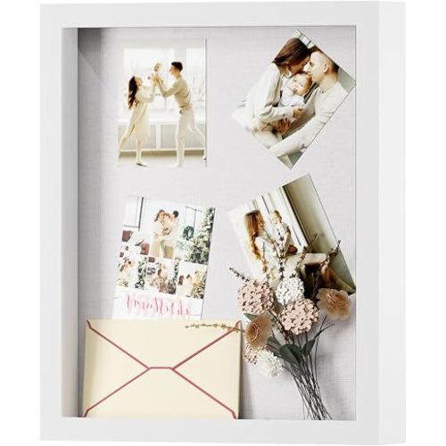 Muzilife 8.5x11 Shadow Box Picture Frame with Linen Board - Wood Display Case Deep Frame with Glass Cover, Ready to Hang Awards, Medals, Tickets, Wedding Memories, Flower and Photos, White