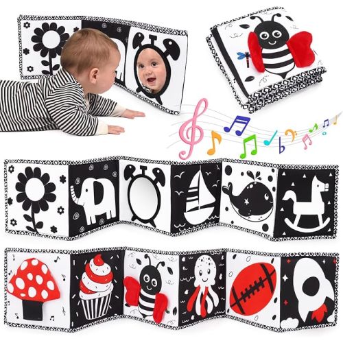 Black and White High Contrast Toys for Baby 0-3 3-6 months Infant Tummy Time Soft Crinkle Book Mirror Sensory Toys 0 2 4 5 6 Month Old Babies Boy Gril Newborn Development Christmas Stocking Stuffer