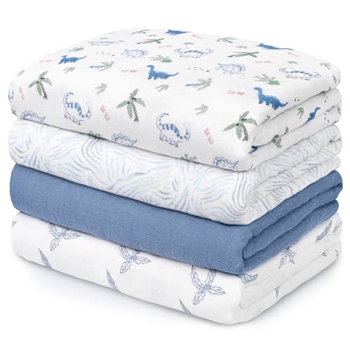 GLLQUEN BABY Muslin Swaddle Blankets 4-Pack Breathable Receiving Blankets (35" x 40") Soft Baby Blankets for Girls and Boys Newborn Essentials Muslin Burp Cloths Swaddle Wrap Baby Gift(Dinosaur)