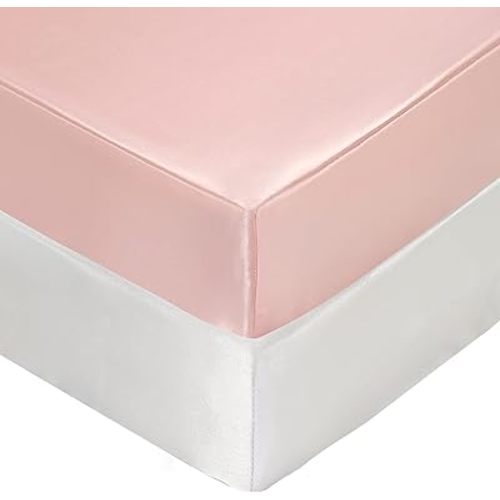 2 Pcs Satin Crib Sheets for Girls, Silky Soft Crib Fitted Sheets for Standard Crib and Toddler Mattress (Pink & White, 52 x 28 x 8In)