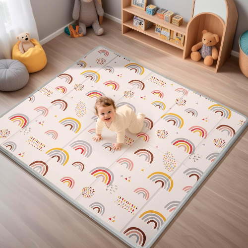 Foldable Baby Play Mat, PIGLOG 50x50 Playpen Mat, Safe Foam Playmat for Tummy Time, Waterproof Playmats for Babies and Toddlers Kids, Reversible Portable Baby Floor Mat for Infant, Rainbow Rain