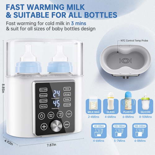 Baby Bottle Warmer, 12-in-1 Fast Milk Warmer W/ Appointment &Timer, 24H Accurate Temperature Control and Auto Shut off, Baby Food Heater w/ LCD Display & BPA-Free, Dual Bottle Design for All Bottles